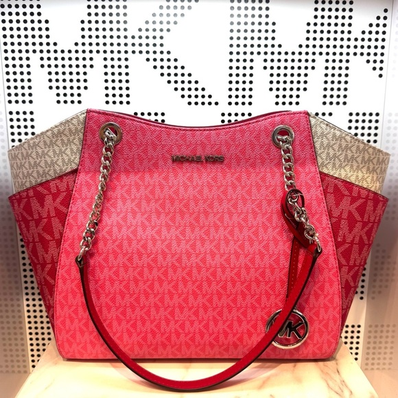 Michael Kors Jet Set LG Color-Block Signature Logo Shoulder Bag Dark Rasberry - Picture 3 of 11